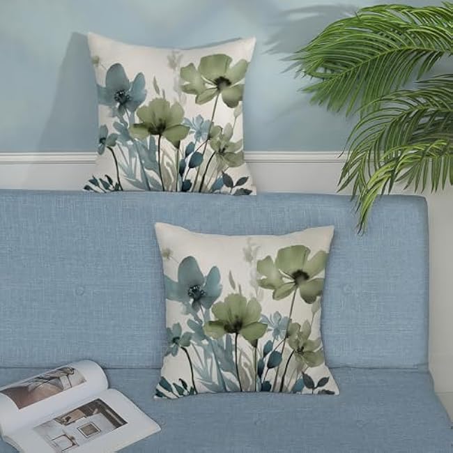 Floral Pillow Covers 16x16 Inches Set of 2 Sage Green Blue Floral Throw Pillow Covers Outdoor Rustic Spring Summer Flower Decoration Pillowcase Farmhouse Decorative Cushion Cover For Sofa Couch