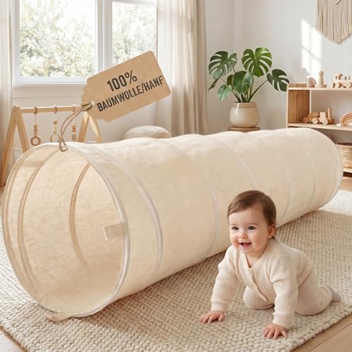 LIONHERZ Spieltunnel für Kinder aus Baumwolle/Hanf mit Klettverschlüssen [180cm x 46cm] Krabbeltunnel für Baby | Faltbarer Pop-up Kriechtunnel | passend zu unserem runden Spielzelt (Cremeweiß)