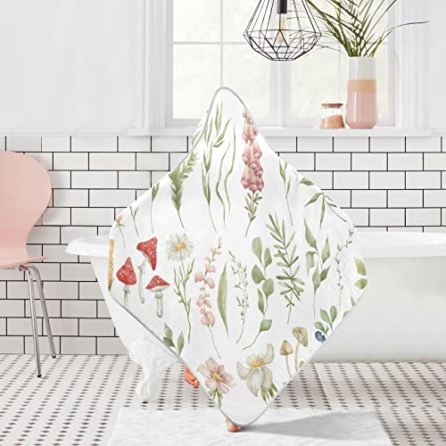 Image of Pigsaly Watercolor Wild Flowers Hooded Baby Towel Meadow Herbs Leaves Baby Bath Towel Unisex Soft Organic Cotton Washcloths Toddlers Shower Gifts for Boys Girls Newborn 30 x 30 in