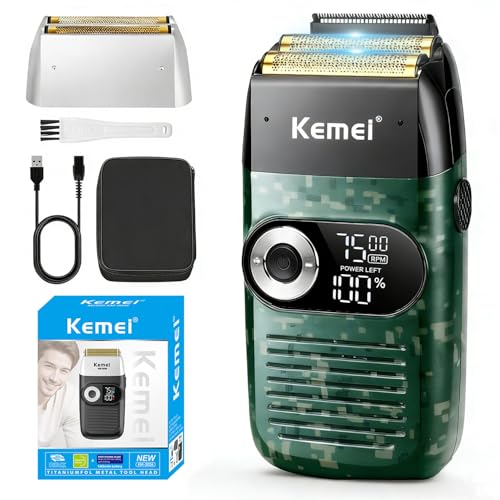 KEMEI Rasoir à barbe pour homme, Rasoir électrique rechargeable avec tondeuse à barbe sans fil en feuille de titane au lithium avec étui de voyage