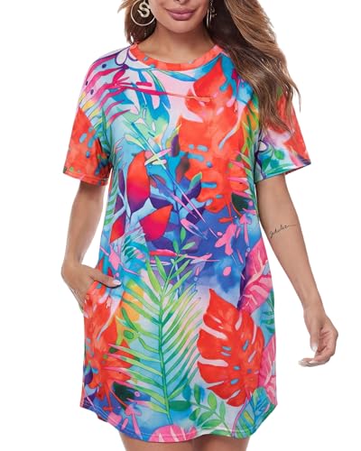 Image of MOUSYA Women Tie Dye Dress Short Sleeve T Shirt Dress Summer Casual Loose Mini Dress with Pockets