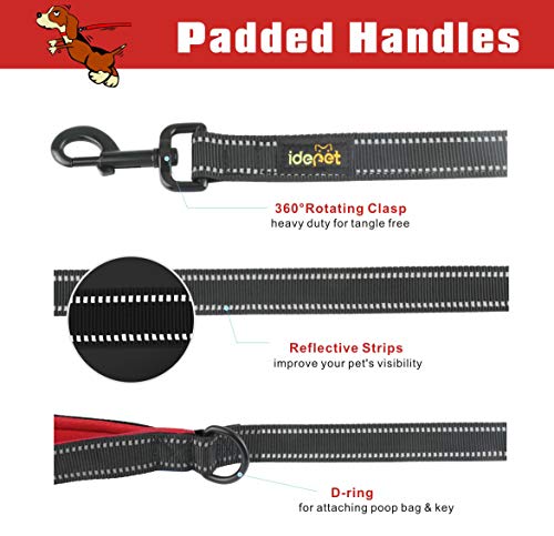 Idepet Dog Leash 3 Handles 6ft Traffic Padded - Pet Training Walking Lead Heavy Duty Reflective Leash for Large,Medium and Small Dogs (Red)