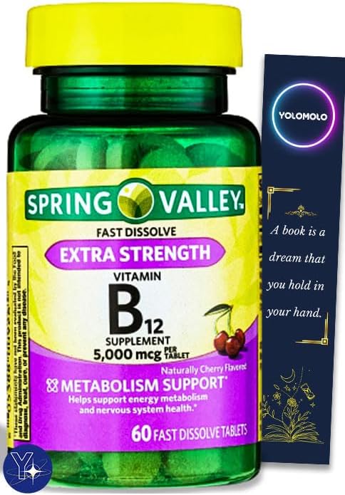 Tabletas de disolución rápida de vitamina B12 extra fuerte, Spring Valley, cereza, 5,000 mcg, 60 unidades y marcapáginas de regalo YOLOMOLO