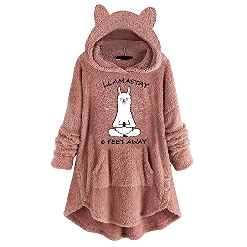 Pullover Felpa con Cappuccio Donna Manica Lunga Yoga Alpacan Stampa Fleece Carino Stampato Top Allentato con Tasche con Bottoni (XL,3rosa)