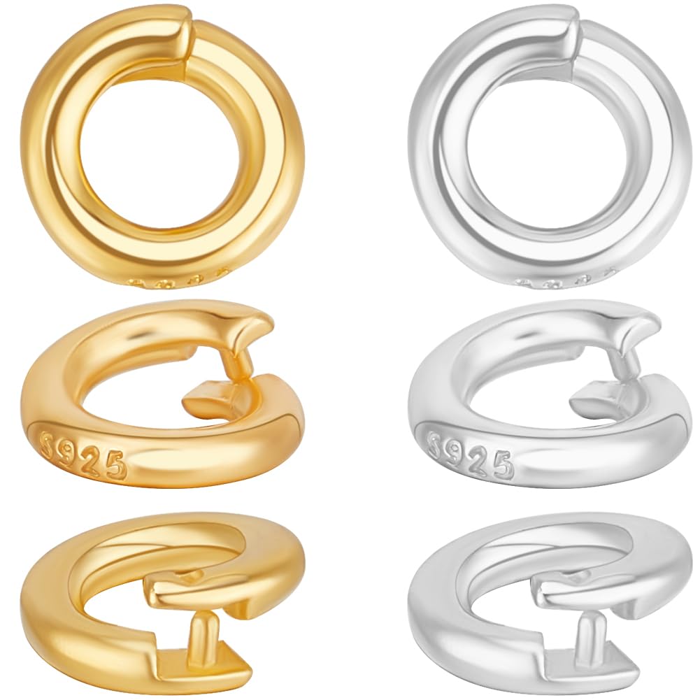 Beebeecraft 1 Box 12Pcs 2 Colors 925 Sterling Silver Split Jump Ring OD 6mm ID 3.5mm/ 3mm 24K Gold Plated Round Connector Locking Jump Rings Open O Ring for Charms Necklace Bracelet Making Jewelry