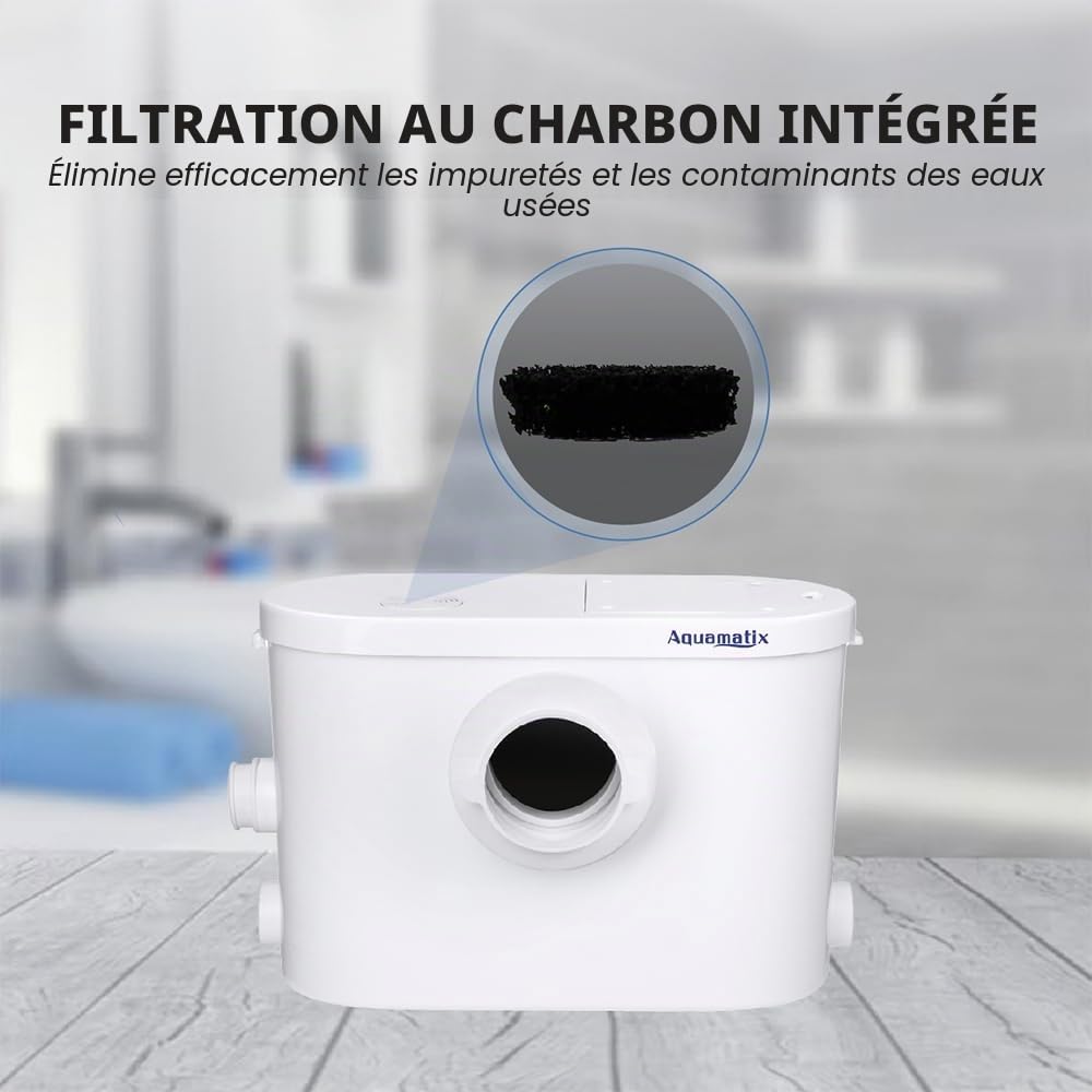 Aquamatix Silencio 3 Broyeur Sanitaire 400W Pompe de Relevage 145L/min Distance de pompage verticale de 8 m avec 3 entrées pour les toilettes, l'évier et la machine à laver, avec filtre à charbon