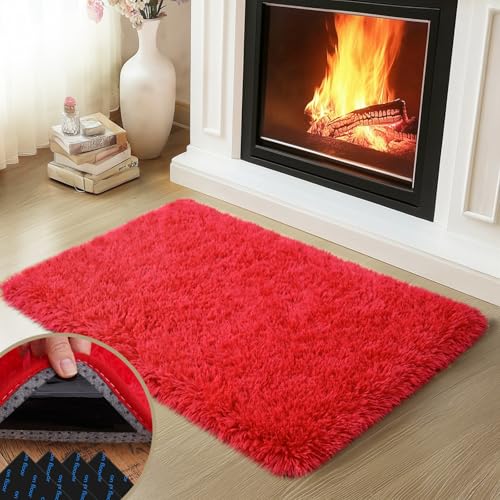 Red Rugs for Bedroom, 2x3 Fluffy Area Rugs for Living Room, Soft Shag Kids Rug Small Carpet with 4 Non-Slip Rug Pads (Red, 2ft x 3ft)