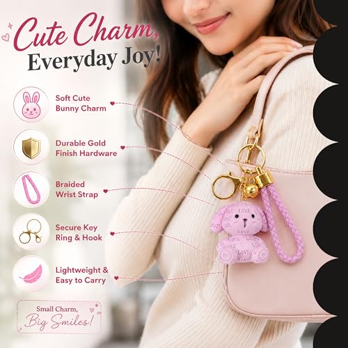 Image of Storite Bunny Keychain for Women & Girls, Cute Rabbit Bag Charm with Heart Pendant, Braided Strap & Bell, Fashion Key Ring for Handbags, Backpacks & Car Keys