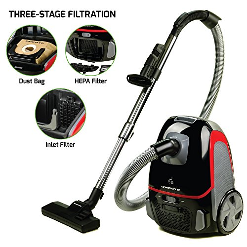 Ovente Electric Canister Vacuum 1400 Watts with Energy Saving Speed Control, 1.5 Meter