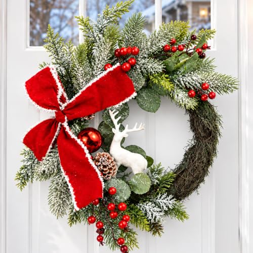 Christmas Wreath for Front Door, Artificial Wreath with Red Bow, Reindeer | 20-Inch Christmas Wreath, Artificial Frosted Pine Cedar Wreath with Pinecones, Holiday Decoration for Front Door, Porch Wall - image 1
