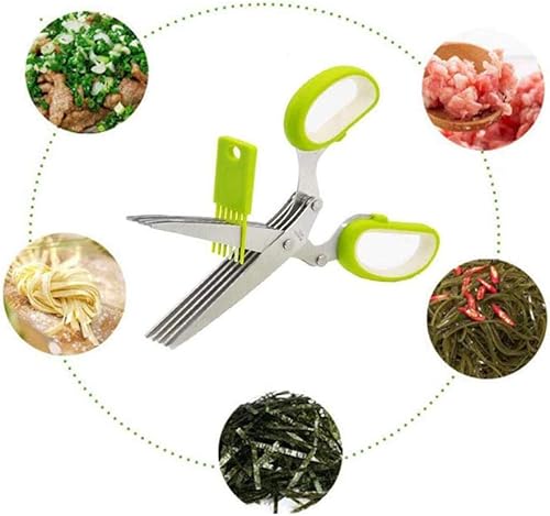 Miniatura 7 de Juego de tijeras para hierbas con 5 cuchillas de acero inoxidable, cubierta segura y peine de limpieza, tijeras multiusos para cortar cocina,