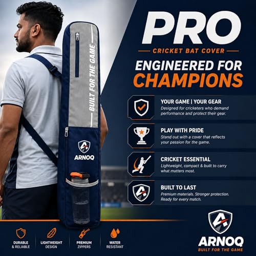 Image of Pro Cricket Bat Cover Full Size with Shoulder Strap, Water-Resistant & Lightweight, Quick Acess Pockets for Wooden & Plastic Bats (Grey)