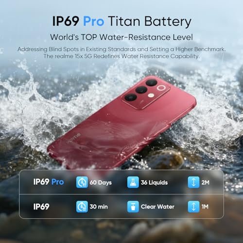 Image of realme 15X 5G Smartphone 6GB RAM 128GB ROM, 6.8 inch 144Hz Display, 7000 0mAh Battery, 60W Fast Charging IP69 Pro Waterproof Dimensity 6300 6nm Octa-core chipset Processor (Maroon Red)