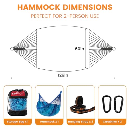 Image of Lazy Daze Hammocks Handwoven XL Mayan Hammock, 10.5 FT Soft Rope Double Hammocks, Portable Outdoor Hammock with Carry Bag, 2 Straps & Carabiners for Patio Outside, 550 lbs Capacity, Blue /Dark Blue