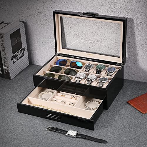 LANDICI Watch Box Jewellery Organiser for Men Women, Luxury Piano Paint Large Wooden Watch Display Case with 6 Slot Watches Holder, 3 Slot Sunglasses Case, Jewelry Storage Box Drawer, Black