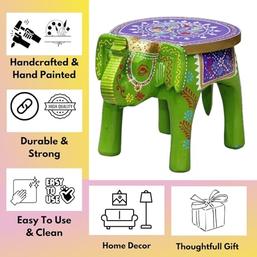 Image of Hand-Crafted and Colorful Emboss Painted Wooden Elephant Shape Stool Cum Gardan Table,Decorative Showpiece (8 Inches Height, Green)