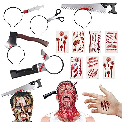 BigOtters Halloween Headbands, 23PCS Halloween Horror Set Including 5PCS Headwear Cleaver Bloody Headpieces and 18PCS Zombie Tattoos Stickers for Tricky Toys Costume Party Supplies