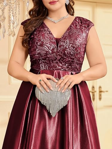 Image of Plus Size Satin Mother of the Bride Formal Gown for Wedding Sleeveless V-Neck Evening Dress