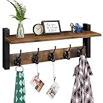 Homode Wall Hooks with Shelf, Wood Coat Rack with Shelf Wall-Mounted, Entryway Hanging Shelves with 5 Metal Hooks for Clothes Hats Towel Purse Robes, Bathroom Mudroom Bedroom, Rustic Brown Black