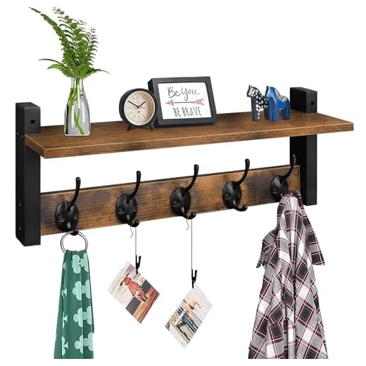 Homode Wall Hooks with Shelf, Wood Coat Rack with Shelf Wall-Mounted, Entryway Hanging Shelf with 5 Metal Hooks for Clothes Hats Towel Purse Robes, Bathroom Mudroom Bedroom, Rustic Brown Black