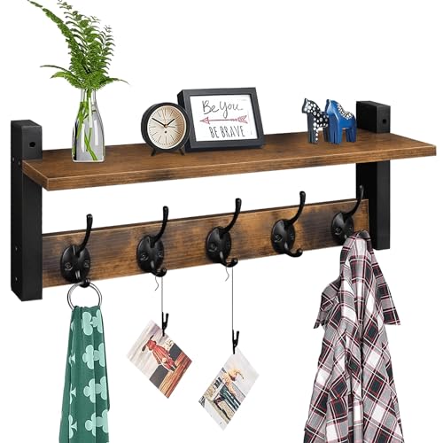 Homode Wall Hooks with Shelf, Wood Coat Rack with Shelf Wall-Mounted, Entryway Hanging Shelves with 5 Metal Hooks for Clothes Hats Towel Purse Robes, Bathroom Mudroom Bedroom, Rustic Brown Black by Homode - Used condition - US$11.49