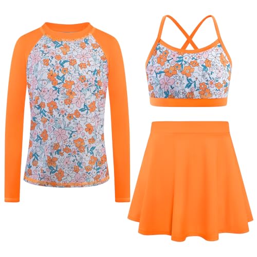 Girls Swimsuit Long Sleeve Swim Shirt 3 Piece Rash Guard for Girls Bathing Suit with Boyshorts Orange Floral 5-6 Years