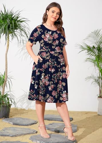 Image of POSESHE Womens Plus Size Summer Dress 2026 Casual Short Sleeve Empire Waist Loose Fit Swing T-Shirt Dress with Pockets