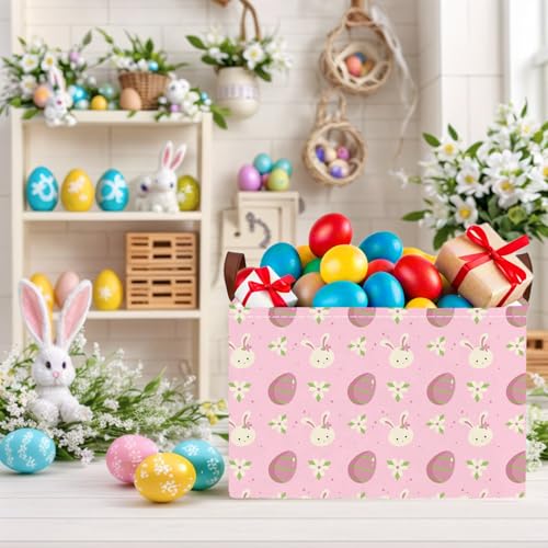 Image of Large Cute Easter Basket for Kid Empty Gift Baby Rectangle Storage Bin Bunny Eggs Boy＆Girl Room Decor (Rabbit Pink Flower Egg)