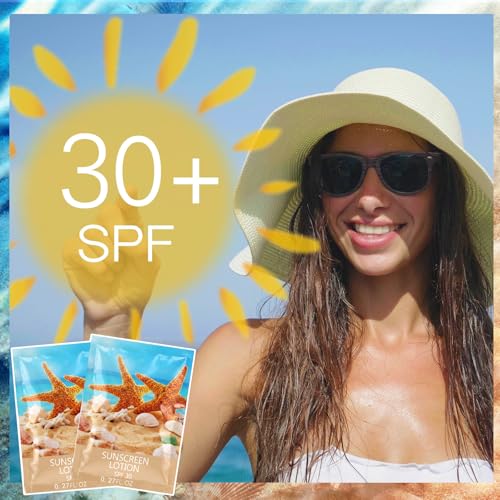 Image of Loopeer 60 Pcs Mini Sunscreen Bulk Travel Size Sunscreen Packet 0.27 Fl. Oz. SPF 30 Water Resistant Mini Sunblock Beach Lotion Pool Summer Vacation Gift for Women Summer Party Wedding(Starfish)