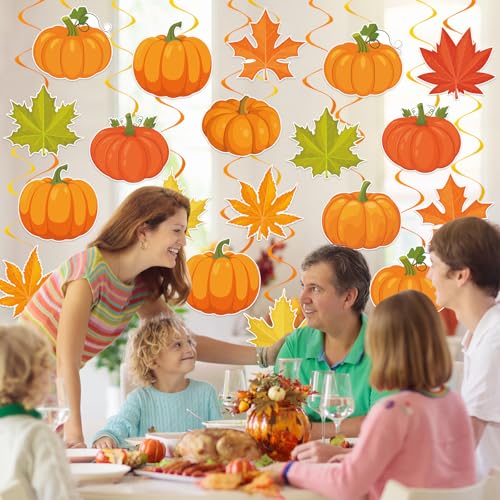 Image of 40Pcs Fall Pumpkin Maple Leaf Hanging Swirl Decorations, Autumn Thanksgiving Party Ceiling Hanging Swirls Fall Hanging Swirls Streamers for Autumn Thanksgiving Harvest Party Decor Supplies
