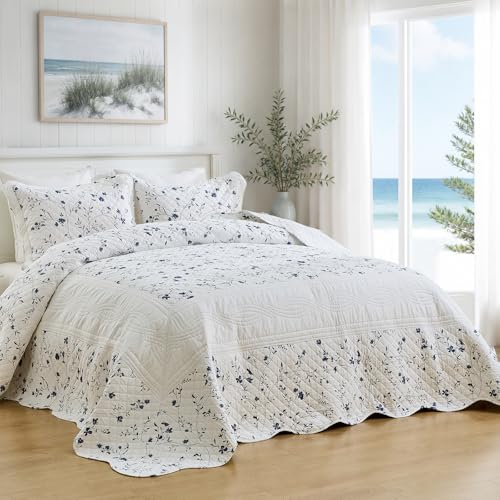 SOElinens Queen Bedspreads 102x120, Farmhouse Floral Navy/White - image 1