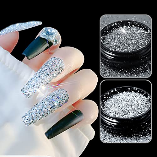 Reflective Glitter Powder Crystal Diamond Nail Powder, 2Pcs Sliver Sparkling Triangle Glitter Holographic Nail Glitter Chrome Dust Gilt Shiny Nail Powder #TOP1