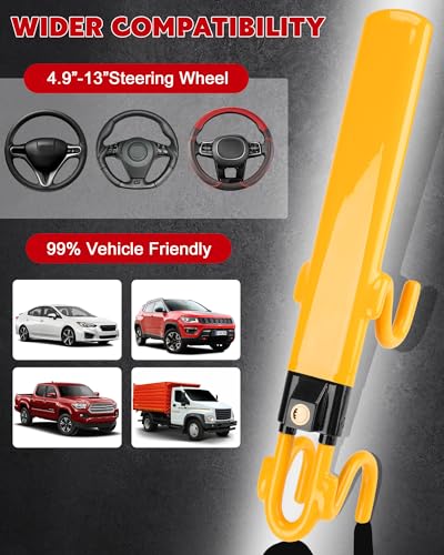 Image of Tevlaphee Steering Wheel Lock - Heavy Duty Antitheft Device and Car Security Lock with Adjustable Locking and 3 Keys - Great Vehicle and Truck Deterrent (Yellow)