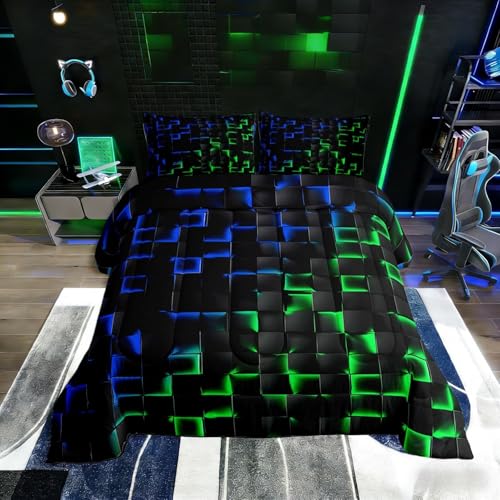 Image of Erosebridal Geometric Checkered Comforter Set Twin Neon Blue Green Bedding Set for Kids Boys Teen Gamer Room Decor,Abstract Ombre Plaid Comforter Grids Quilt Duvet Black