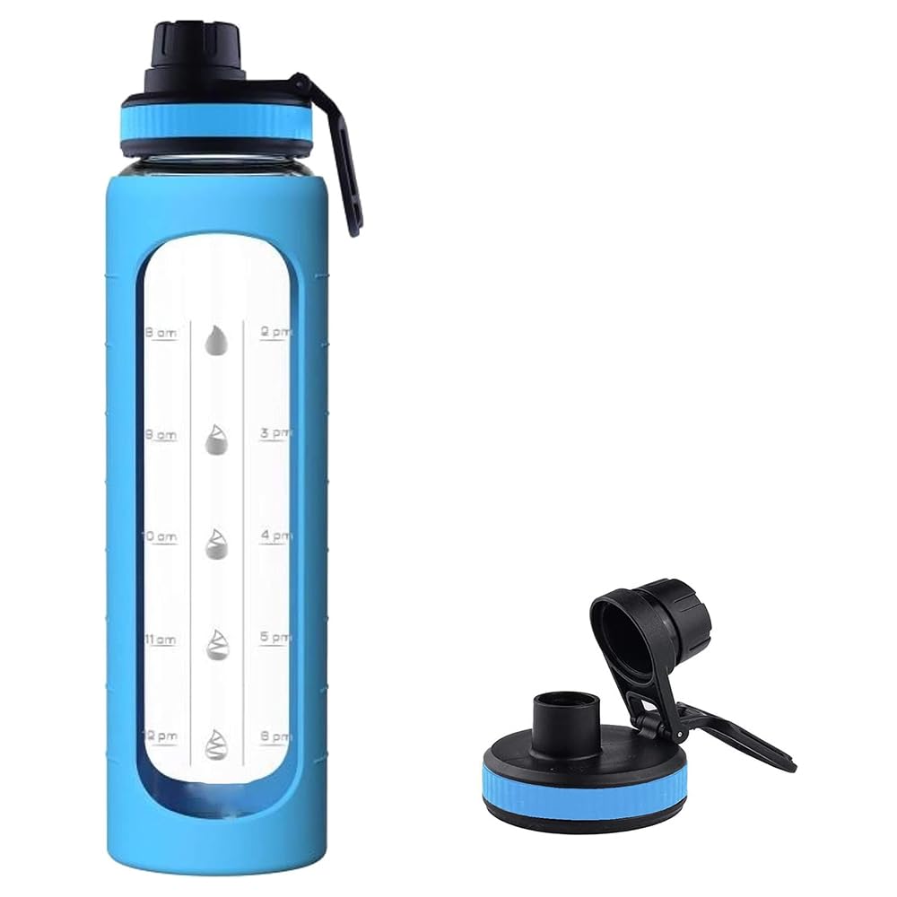 JoyzzzGlass Water Bottle, 1000ML Sports Water Bottle with Time Marks and Silicone Sleeve Flip Lid, Motivational Water Bottles for Hydration, Wide Mouth Leakproof Glass Drinking Bottle (Blue)