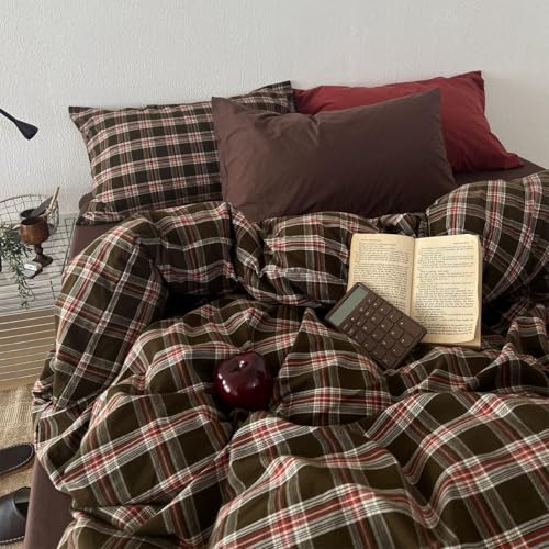 Image of Plaid Duvet Cover Queen Size Red Brown Gingham Duvet Cover Set Vintage Checkered Grid Soft Lightweight Microfiber Bedding Set with Zipper Closure and 2 Pillowcases (No Comforter)