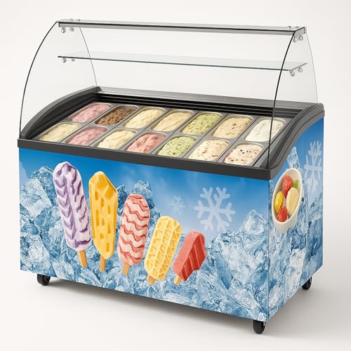Vitrine à Crème Glacée Professionnelle 355L ou 445L – Design Publicitaire – Éclairage LED, Thermostat Réglable, Roues – Congélateur Coffre pour...