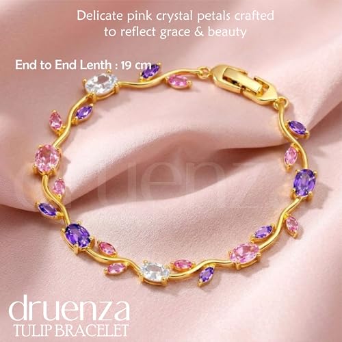 Image of druenza Tulip Bracelet for Women Stylish | Gold Plated Floral Crystal Jewellery | Elegant Adjustable Chain Bracelet for Girls Stylish | Trendy Daily Wear Party Jewelry Gift for Women & Girls