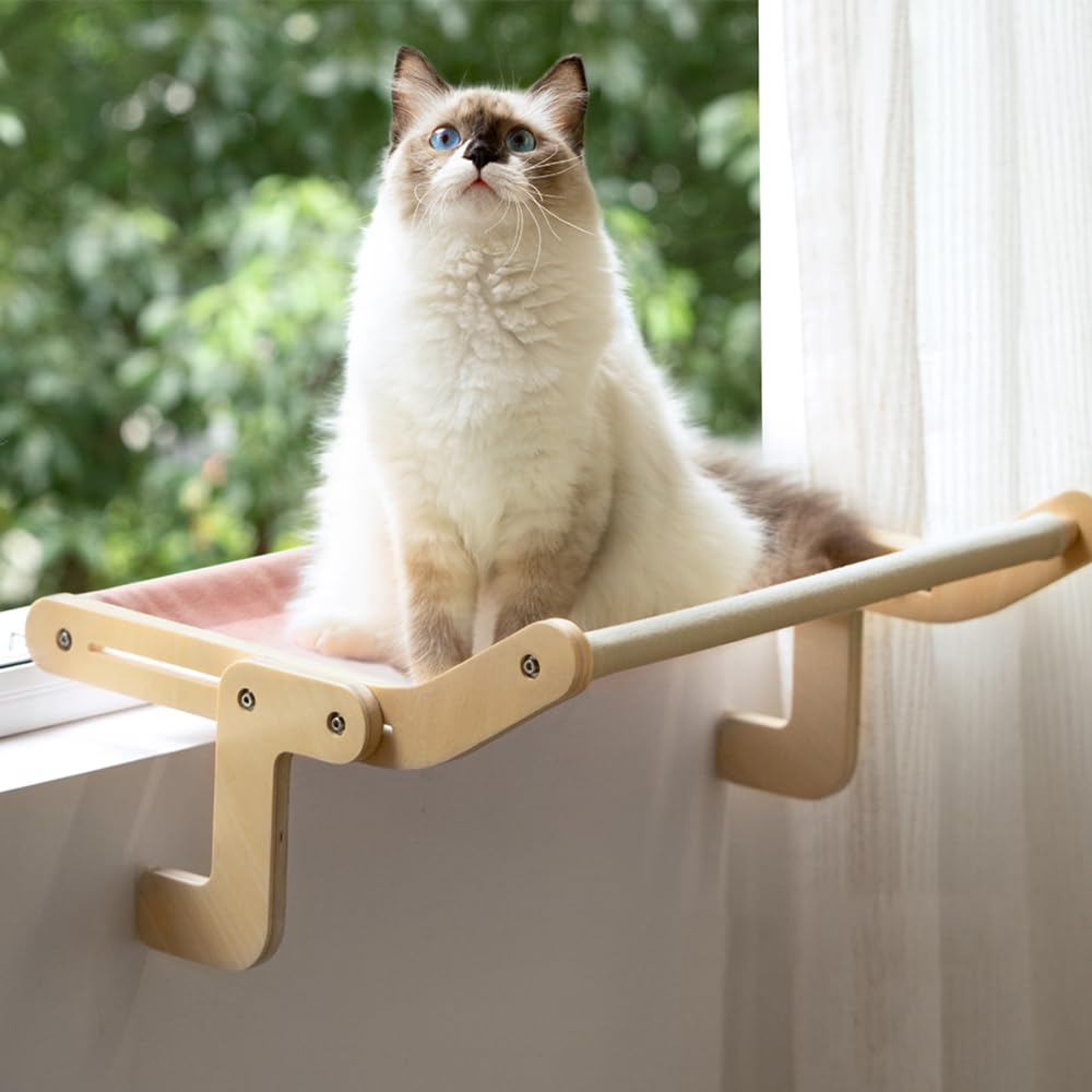 Bounabay Hamaca para ventana de gato, marco de madera y metal, camas de radiador de madera ajustables para gatos, camas de ventana para gatos, soporta hasta 18 kg, 47 x 40 cm, rosa/gris, para alféizar