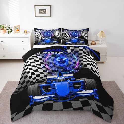 Image of Feelyou Kids Blue Race Car Duvet Insert Queen Size, Racing Car Comforter Set Boys Girls Karting Road Bedding Set Teens Bedroom Decor 3Pcs