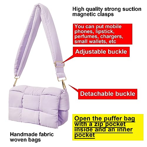 Image of Shoulder Bag Lightweight Puffer Tote Crossbody Bag Handwoven for Women | waterproof nylon, durable, soft padded texture, versatile for travel, work, weekend, everyday, adjustable strap