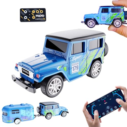 Dingdongwu Mini RC Car with APP Control, 1:64 Scale Off-Road Vehicle & Trailer Toy, 2.4GHz Wireless Remote Control, LED Lights, Alloy Case, MultiControl Modes, Speed/Steering Adjustable (Blue-A)