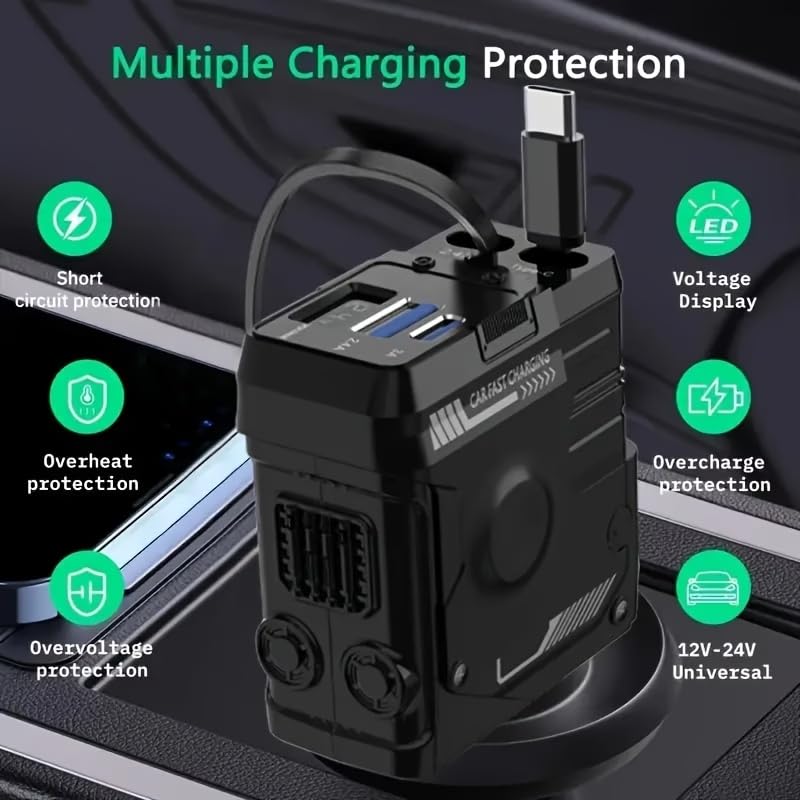 Image of 120W Fast Car Charger with 80CM Retractable Type-C & 30-pin Port Cables Charging for 4 Devices - Universal Car Mobile Charger for All Smartphones & Tablets (Gaming Charger)