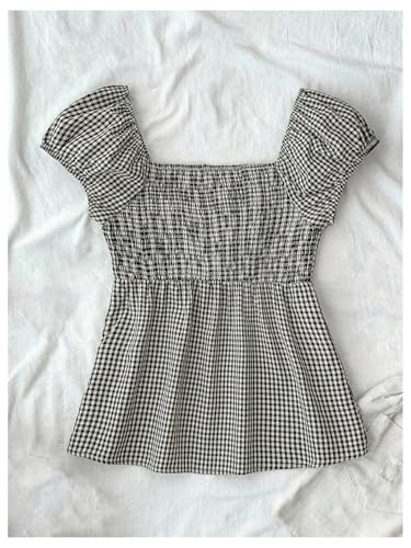 Milumia Girl's Plaid Puff Short Sleeve T Shirt Sweetheart Neck Flared Hem Tops2