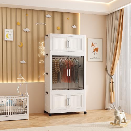 Image of Mevigo 3-Door Plastic Wardrobe for Kids| Almirah and Wardrobe for Baby Clothes| Modular Storage Cabinet with Wheel Organizer for Cupboard Rack for Clothes /Shoes /Books /Toy -White-712