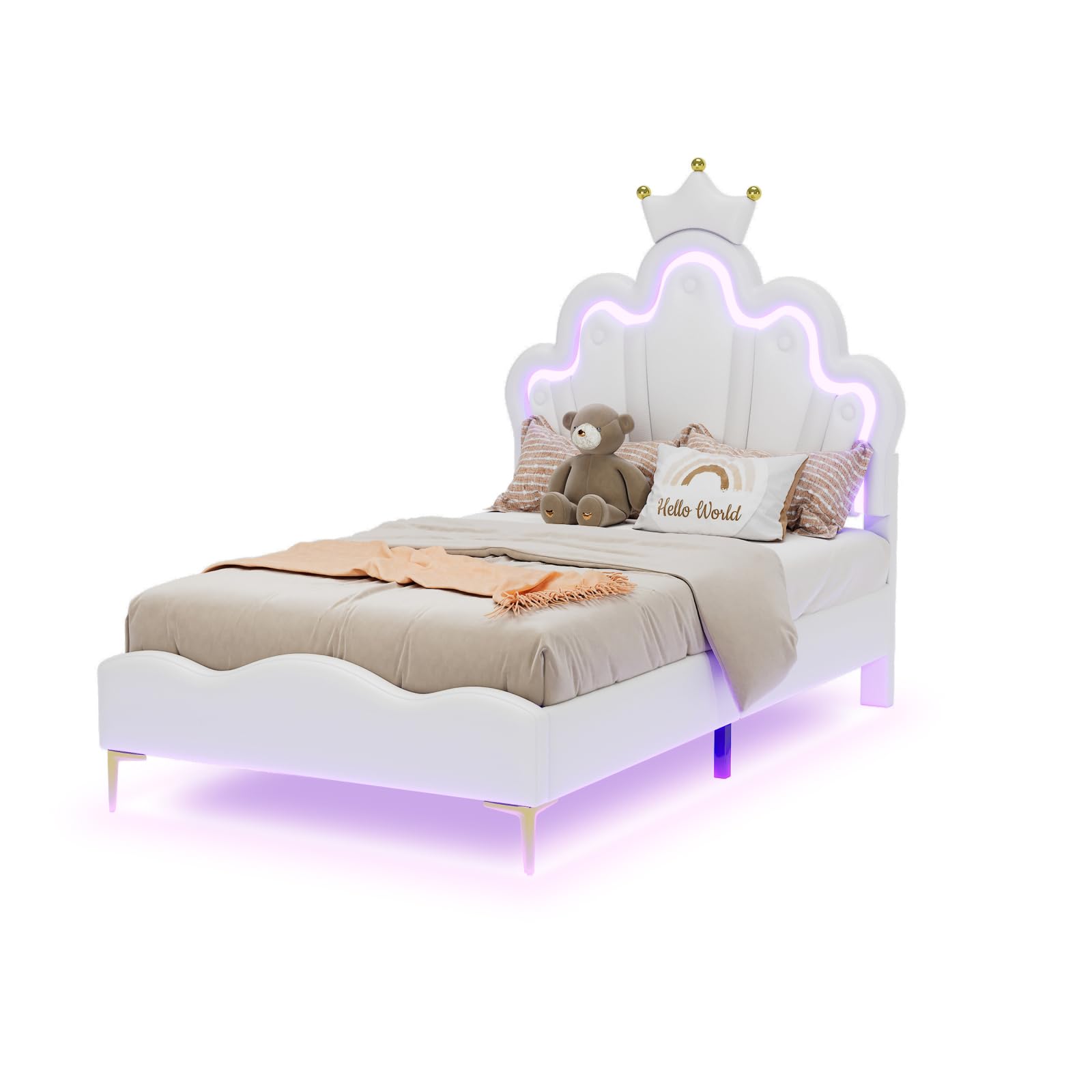 90 x 200 cm cama doble plana de princesa en forma de corona, suave acolchado de piel sintética (blanco+poliuretano (1) + poliuretano, 90 x 200 cm