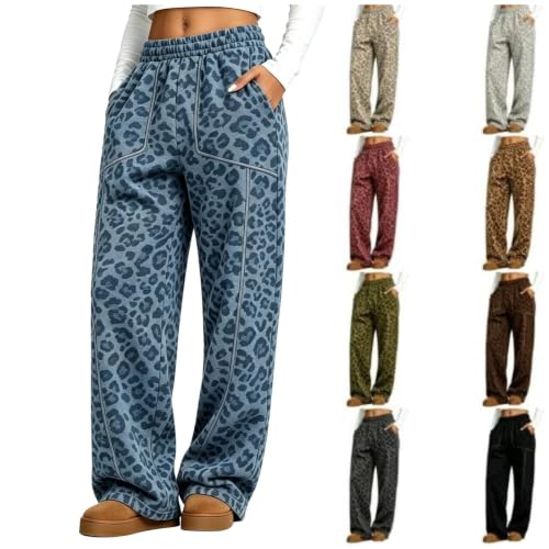 XINGJIAARTS Leopard Track Pants Women Baggy Wide Leg Sweatpants Fall Y2K Lounge Sweat Pants Jogging Trousers with Pockets Blue Small - image 1