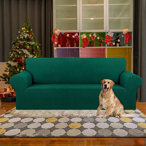 KEKUOU Stretch Sofa Cover Slipcover ,Couch Covers for 3 Cushion Couch Sofa pet Friendly (78"-94") Furniture Protector Sofa with Elastic Bottom for Kids,Dog, Jacquard Small Checked(Large,Hunter)