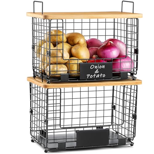 2 Set XL Stackable Wire Basket with Bamboo Tops &...