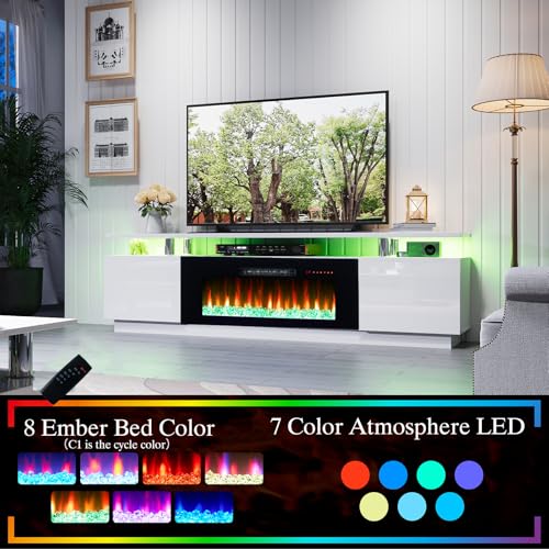 Image of AMERLIFE 80 inch High-Gloss Fireplace TV Stand with 40 inch Electric Fireplace | White /Black LED TV Console, Modern Living Room Entertainment Center, Fits TVs up to 90 inch, 2 Cabinets, 2-Tier Storage Space